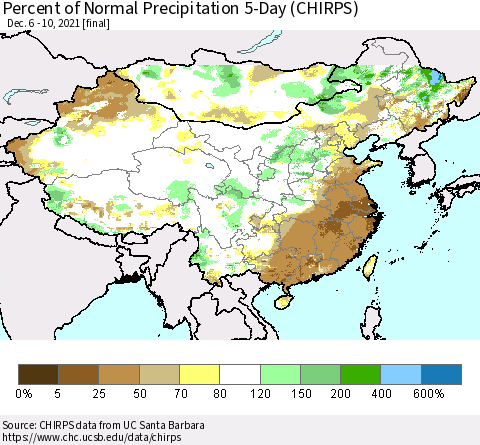 China, Mongolia and Taiwan Percent of Normal Precipitation 5-Day (CHIRPS) Thematic Map For 12/6/2021 - 12/10/2021