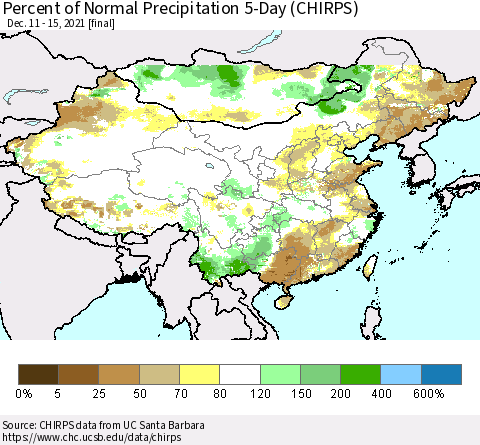 China, Mongolia and Taiwan Percent of Normal Precipitation 5-Day (CHIRPS) Thematic Map For 12/11/2021 - 12/15/2021