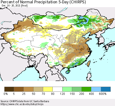 China, Mongolia and Taiwan Percent of Normal Precipitation 5-Day (CHIRPS) Thematic Map For 12/16/2021 - 12/20/2021