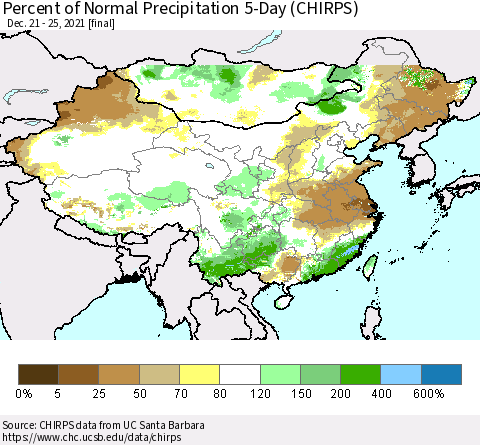 China, Mongolia and Taiwan Percent of Normal Precipitation 5-Day (CHIRPS) Thematic Map For 12/21/2021 - 12/25/2021