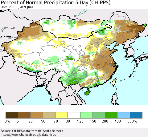 China, Mongolia and Taiwan Percent of Normal Precipitation 5-Day (CHIRPS) Thematic Map For 12/26/2021 - 12/31/2021