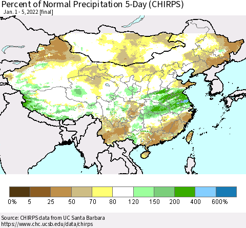 China, Mongolia and Taiwan Percent of Normal Precipitation 5-Day (CHIRPS) Thematic Map For 1/1/2022 - 1/5/2022