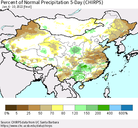 China, Mongolia and Taiwan Percent of Normal Precipitation 5-Day (CHIRPS) Thematic Map For 1/6/2022 - 1/10/2022