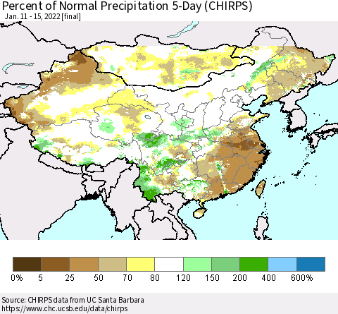 China, Mongolia and Taiwan Percent of Normal Precipitation 5-Day (CHIRPS) Thematic Map For 1/11/2022 - 1/15/2022