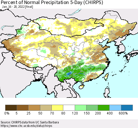 China, Mongolia and Taiwan Percent of Normal Precipitation 5-Day (CHIRPS) Thematic Map For 1/16/2022 - 1/20/2022