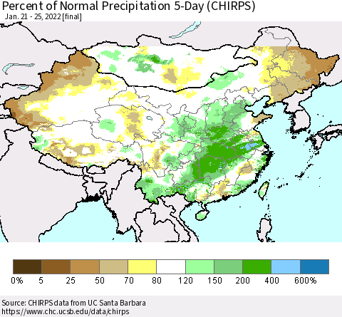 China, Mongolia and Taiwan Percent of Normal Precipitation 5-Day (CHIRPS) Thematic Map For 1/21/2022 - 1/25/2022