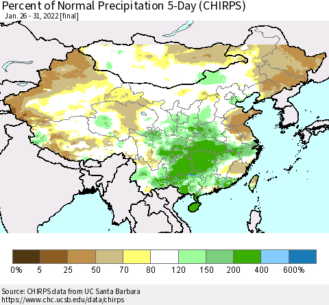 China, Mongolia and Taiwan Percent of Normal Precipitation 5-Day (CHIRPS) Thematic Map For 1/26/2022 - 1/31/2022