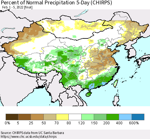 China, Mongolia and Taiwan Percent of Normal Precipitation 5-Day (CHIRPS) Thematic Map For 2/1/2022 - 2/5/2022