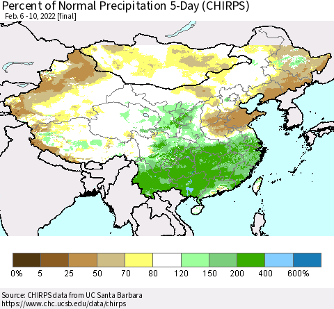 China, Mongolia and Taiwan Percent of Normal Precipitation 5-Day (CHIRPS) Thematic Map For 2/6/2022 - 2/10/2022