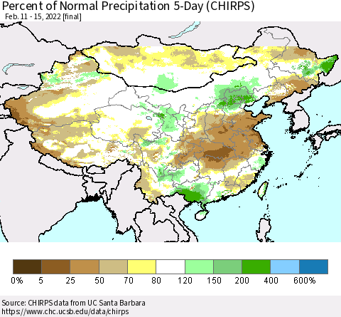 China, Mongolia and Taiwan Percent of Normal Precipitation 5-Day (CHIRPS) Thematic Map For 2/11/2022 - 2/15/2022