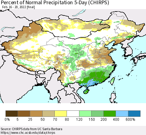 China, Mongolia and Taiwan Percent of Normal Precipitation 5-Day (CHIRPS) Thematic Map For 2/16/2022 - 2/20/2022