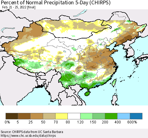 China, Mongolia and Taiwan Percent of Normal Precipitation 5-Day (CHIRPS) Thematic Map For 2/21/2022 - 2/25/2022