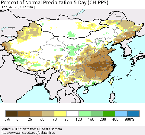 China, Mongolia and Taiwan Percent of Normal Precipitation 5-Day (CHIRPS) Thematic Map For 2/26/2022 - 2/28/2022