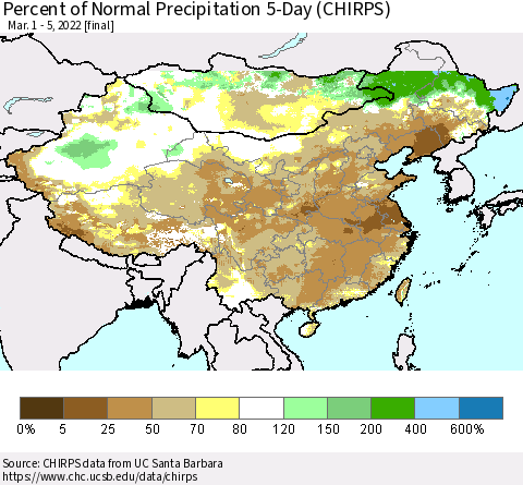 China, Mongolia and Taiwan Percent of Normal Precipitation 5-Day (CHIRPS) Thematic Map For 3/1/2022 - 3/5/2022