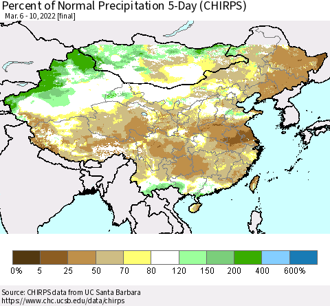 China, Mongolia and Taiwan Percent of Normal Precipitation 5-Day (CHIRPS) Thematic Map For 3/6/2022 - 3/10/2022