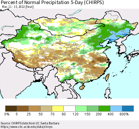 China, Mongolia and Taiwan Percent of Normal Precipitation 5-Day (CHIRPS) Thematic Map For 3/11/2022 - 3/15/2022
