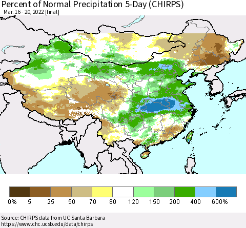 China, Mongolia and Taiwan Percent of Normal Precipitation 5-Day (CHIRPS) Thematic Map For 3/16/2022 - 3/20/2022