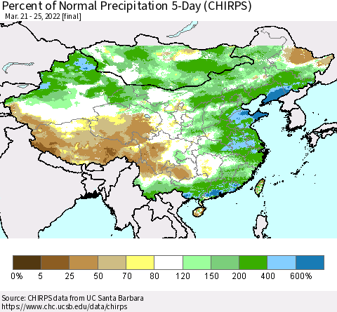 China, Mongolia and Taiwan Percent of Normal Precipitation 5-Day (CHIRPS) Thematic Map For 3/21/2022 - 3/25/2022