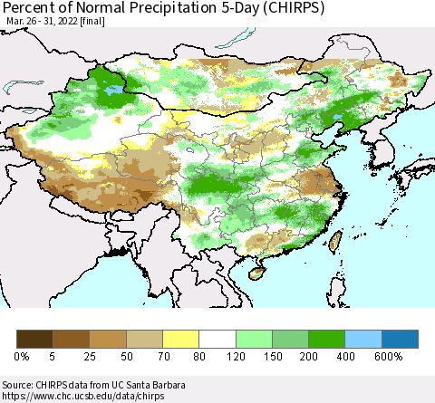 China, Mongolia and Taiwan Percent of Normal Precipitation 5-Day (CHIRPS) Thematic Map For 3/26/2022 - 3/31/2022