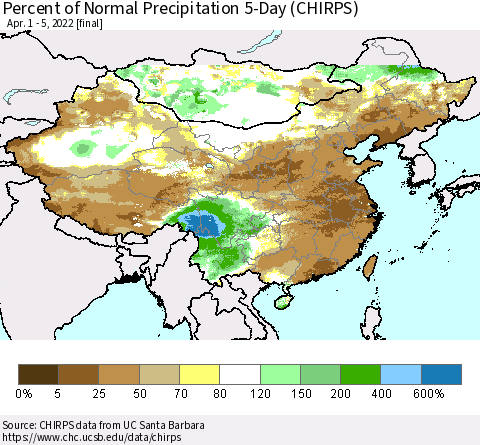 China, Mongolia and Taiwan Percent of Normal Precipitation 5-Day (CHIRPS) Thematic Map For 4/1/2022 - 4/5/2022
