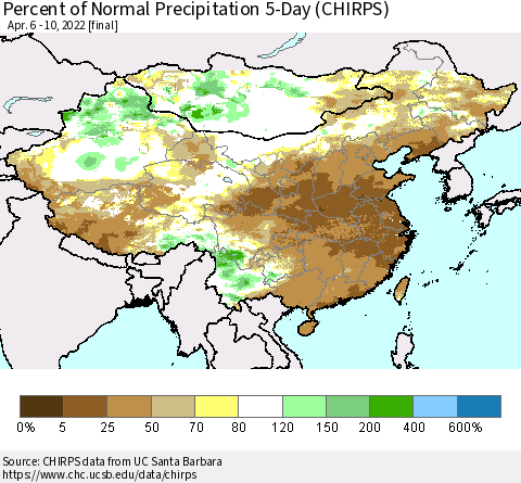 China, Mongolia and Taiwan Percent of Normal Precipitation 5-Day (CHIRPS) Thematic Map For 4/6/2022 - 4/10/2022