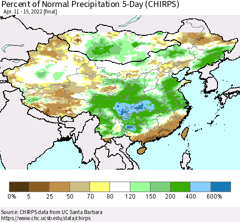 China, Mongolia and Taiwan Percent of Normal Precipitation 5-Day (CHIRPS) Thematic Map For 4/11/2022 - 4/15/2022
