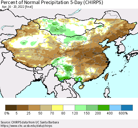 China, Mongolia and Taiwan Percent of Normal Precipitation 5-Day (CHIRPS) Thematic Map For 4/16/2022 - 4/20/2022