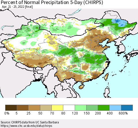 China, Mongolia and Taiwan Percent of Normal Precipitation 5-Day (CHIRPS) Thematic Map For 4/21/2022 - 4/25/2022