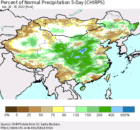 China, Mongolia and Taiwan Percent of Normal Precipitation 5-Day (CHIRPS) Thematic Map For 4/26/2022 - 4/30/2022