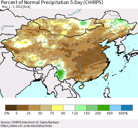 China, Mongolia and Taiwan Percent of Normal Precipitation 5-Day (CHIRPS) Thematic Map For 5/1/2022 - 5/5/2022