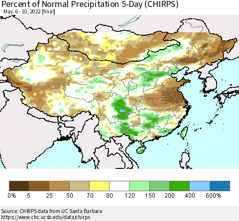 China, Mongolia and Taiwan Percent of Normal Precipitation 5-Day (CHIRPS) Thematic Map For 5/6/2022 - 5/10/2022