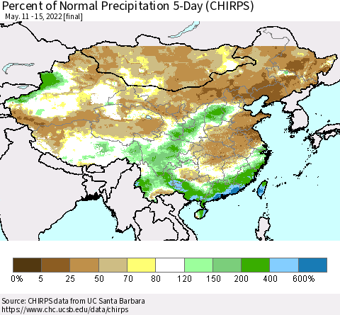 China, Mongolia and Taiwan Percent of Normal Precipitation 5-Day (CHIRPS) Thematic Map For 5/11/2022 - 5/15/2022