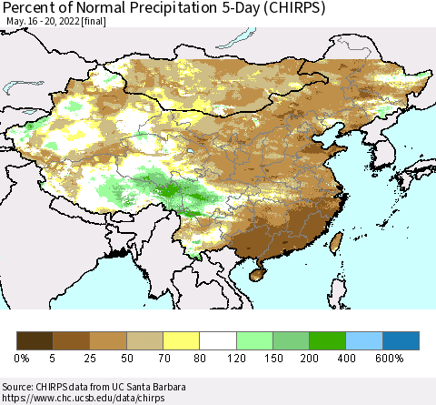 China, Mongolia and Taiwan Percent of Normal Precipitation 5-Day (CHIRPS) Thematic Map For 5/16/2022 - 5/20/2022