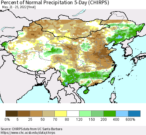 China, Mongolia and Taiwan Percent of Normal Precipitation 5-Day (CHIRPS) Thematic Map For 5/21/2022 - 5/25/2022