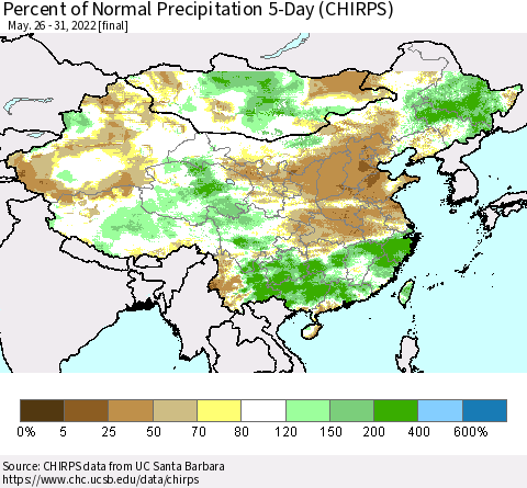 China, Mongolia and Taiwan Percent of Normal Precipitation 5-Day (CHIRPS) Thematic Map For 5/26/2022 - 5/31/2022