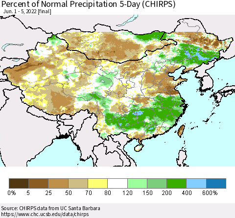 China, Mongolia and Taiwan Percent of Normal Precipitation 5-Day (CHIRPS) Thematic Map For 6/1/2022 - 6/5/2022