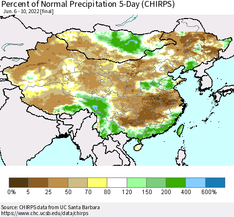China, Mongolia and Taiwan Percent of Normal Precipitation 5-Day (CHIRPS) Thematic Map For 6/6/2022 - 6/10/2022