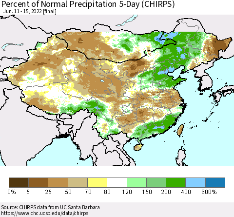 China, Mongolia and Taiwan Percent of Normal Precipitation 5-Day (CHIRPS) Thematic Map For 6/11/2022 - 6/15/2022