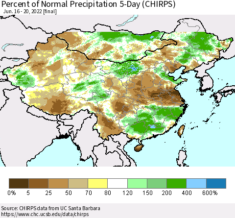 China, Mongolia and Taiwan Percent of Normal Precipitation 5-Day (CHIRPS) Thematic Map For 6/16/2022 - 6/20/2022