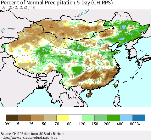 China, Mongolia and Taiwan Percent of Normal Precipitation 5-Day (CHIRPS) Thematic Map For 6/21/2022 - 6/25/2022
