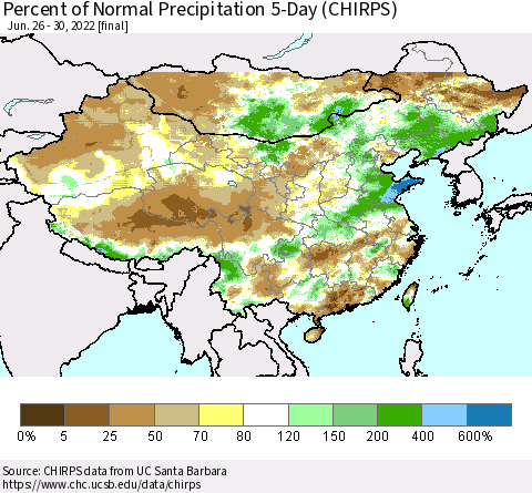 China, Mongolia and Taiwan Percent of Normal Precipitation 5-Day (CHIRPS) Thematic Map For 6/26/2022 - 6/30/2022