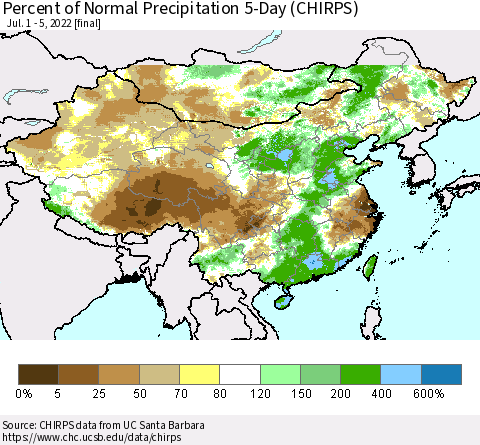 China, Mongolia and Taiwan Percent of Normal Precipitation 5-Day (CHIRPS) Thematic Map For 7/1/2022 - 7/5/2022