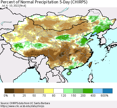 China, Mongolia and Taiwan Percent of Normal Precipitation 5-Day (CHIRPS) Thematic Map For 7/6/2022 - 7/10/2022