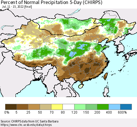 China, Mongolia and Taiwan Percent of Normal Precipitation 5-Day (CHIRPS) Thematic Map For 7/11/2022 - 7/15/2022