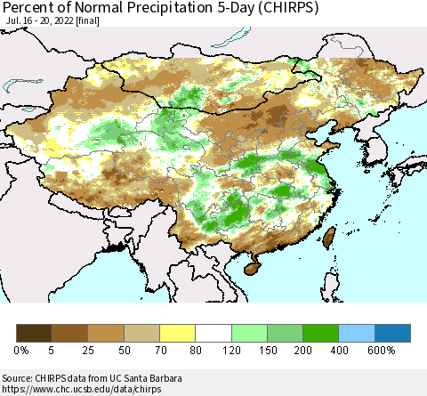 China, Mongolia and Taiwan Percent of Normal Precipitation 5-Day (CHIRPS) Thematic Map For 7/16/2022 - 7/20/2022