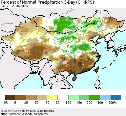 China, Mongolia and Taiwan Percent of Normal Precipitation 5-Day (CHIRPS) Thematic Map For 7/21/2022 - 7/25/2022