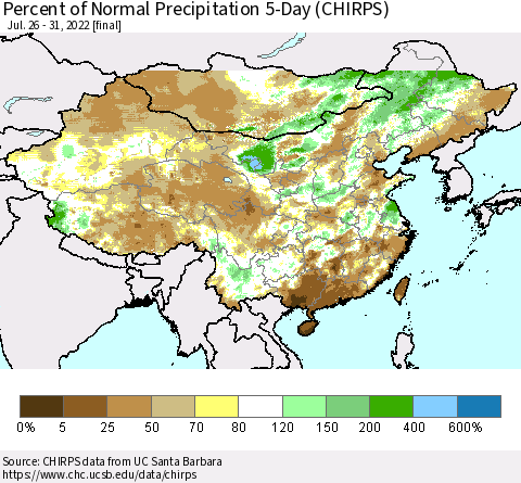 China, Mongolia and Taiwan Percent of Normal Precipitation 5-Day (CHIRPS) Thematic Map For 7/26/2022 - 7/31/2022