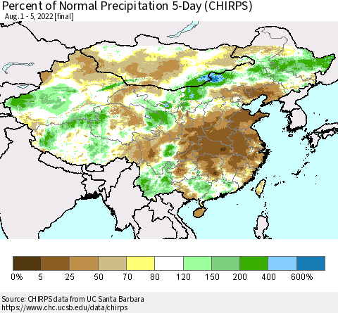 China, Mongolia and Taiwan Percent of Normal Precipitation 5-Day (CHIRPS) Thematic Map For 8/1/2022 - 8/5/2022