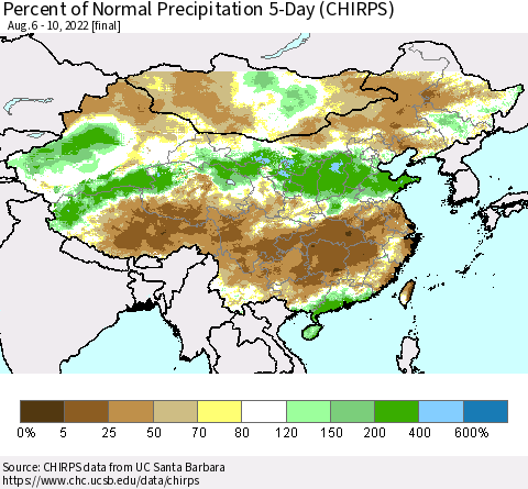 China, Mongolia and Taiwan Percent of Normal Precipitation 5-Day (CHIRPS) Thematic Map For 8/6/2022 - 8/10/2022