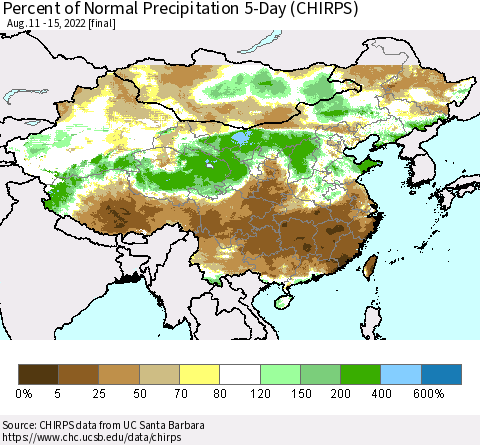 China, Mongolia and Taiwan Percent of Normal Precipitation 5-Day (CHIRPS) Thematic Map For 8/11/2022 - 8/15/2022